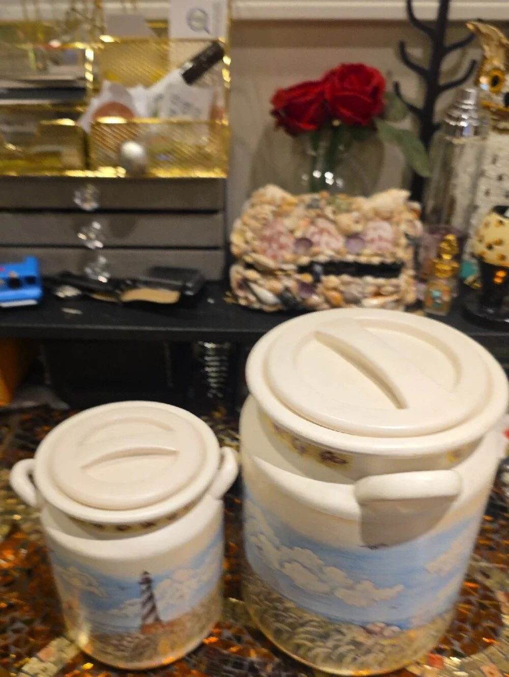Vintage Cream Coastal Lighthouse Ceramic Canister Set